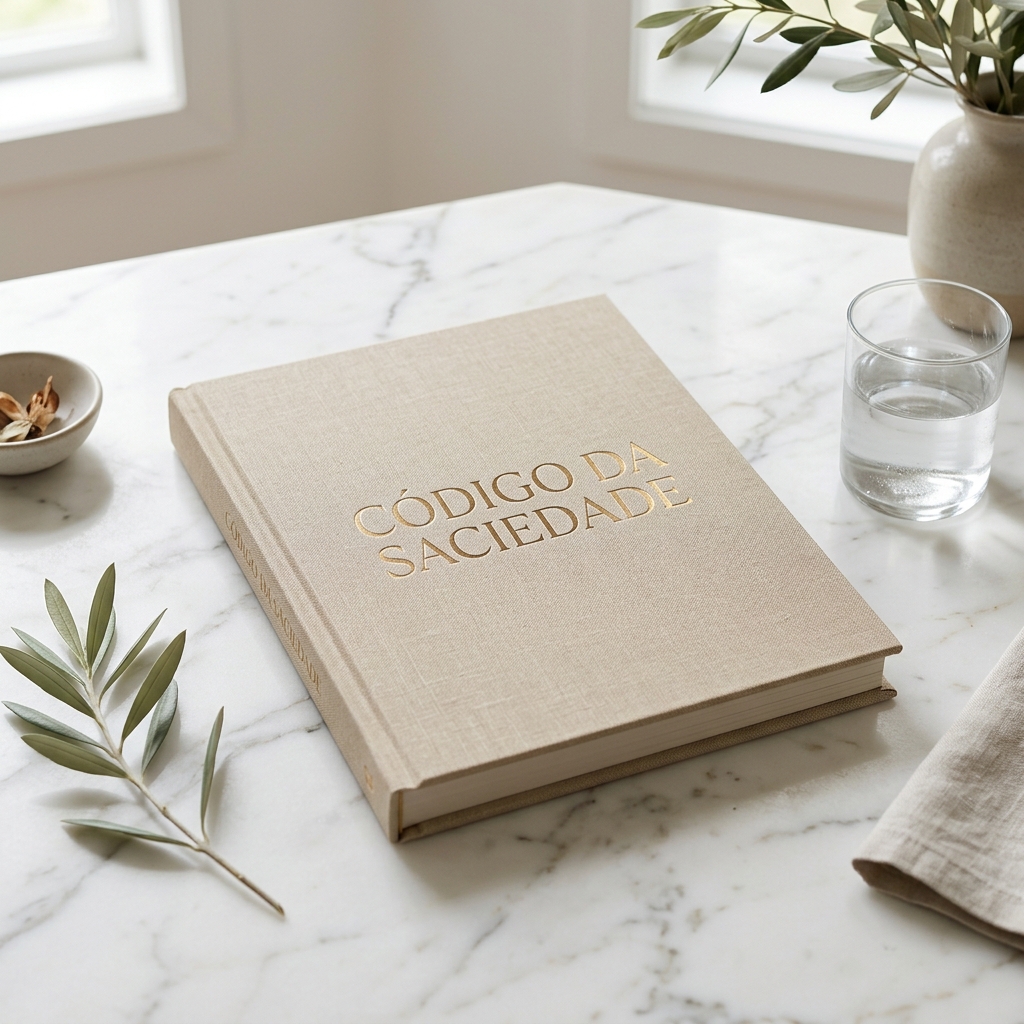 Mockup do Ebook Código da Saciedade — capa premium em fundo mármore com folhas de oliva